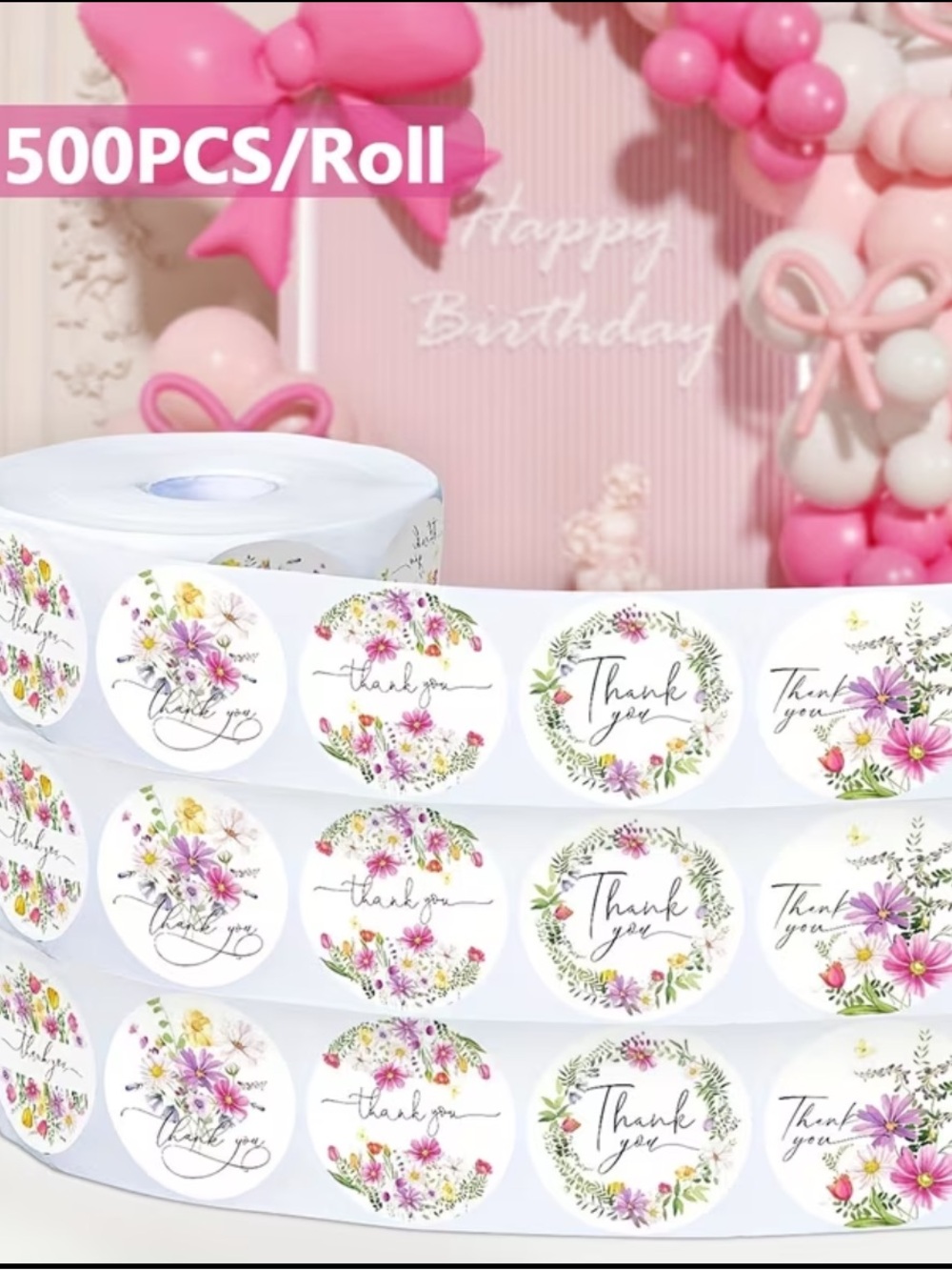 Pink Floral "Thank You" Round Sticker Labels - 500pcs